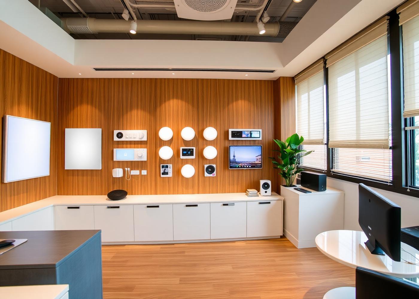 Showroom domotique avec mur de démonstration